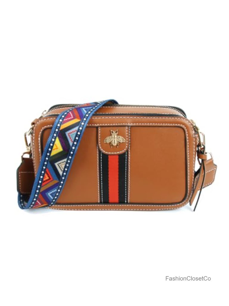 Pu Leather Crossbody Bag Bee Camera Clutch Shoulder Purse With Wide Strap